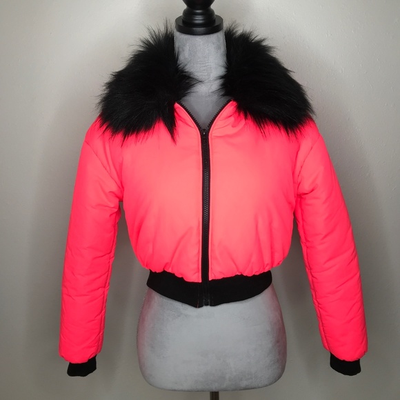 Womens Neon Fur Puffer Jacket Size Small Orange Pink Burning Rave Man y2k 80s S - Picture 1 of 10